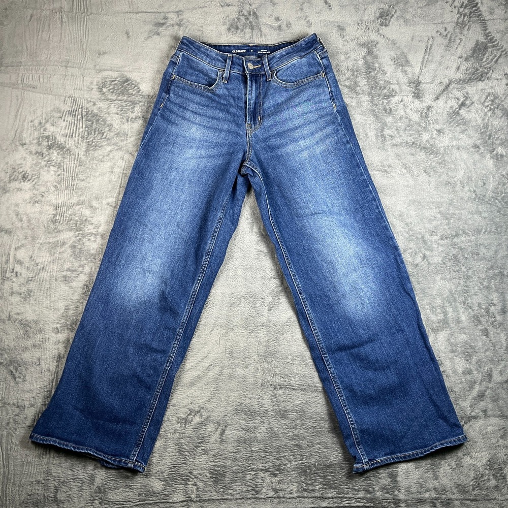 Old Navy Blue High Rise Wow‎ Wide Leg Mom Jeans Womens 0 Short Whiskered Denim